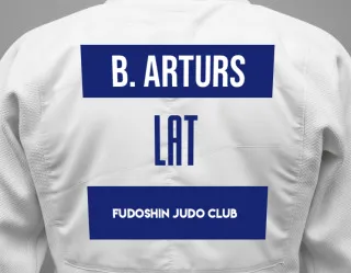 Judo GI with a backnumber showing the name Burdzibaljans Arturs from FUDOSHIN Judo Club
