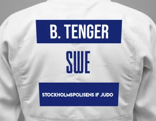 Judo GI with a backnumber showing the name Buuveibaatar Tenger from Stockholmspolisens IF Judo