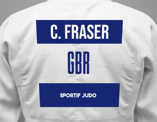 Judo GI with a backnumber showing the name Cameron Fraser from Sportif Judo