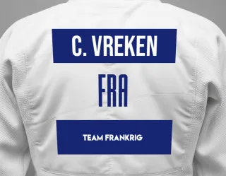 Judo GI with a backnumber showing the name Camille Van Der Vreken from Team Frankrig