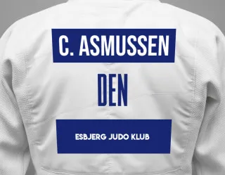 Judo GI with a backnumber showing the name Caroline K. Asmussen from Esbjerg Judo Klub