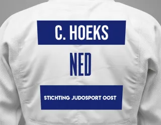 Judo GI with a backnumber showing the name Cas Hoeks from Stichting Judosport Oost