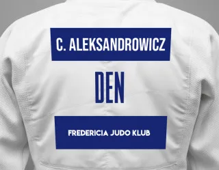 Judo GI with a backnumber showing the name Casper Aleksandrowicz from Fredericia Judo Klub