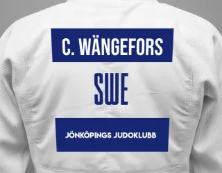 Judo GI with a backnumber showing the name Casper Wängefors from Jönköpings Judoklubb