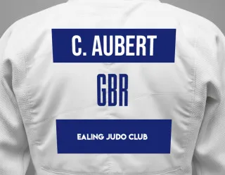 Judo GI with a backnumber showing the name Cedric Aubert from Ealing Judo Club