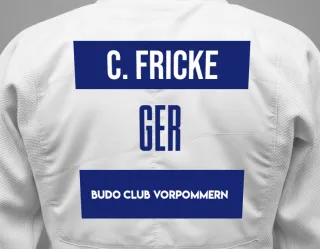 Judo GI with a backnumber showing the name Charlie Fricke from Budo Club Vorpommern