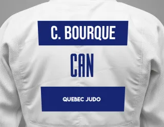 Judo GI with a backnumber showing the name Charline Bourque from Quebec Judo