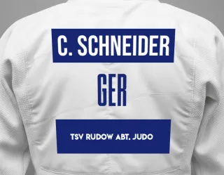 Judo GI with a backnumber showing the name Cheyenne Schneider from TSV Rudow Abt. Judo