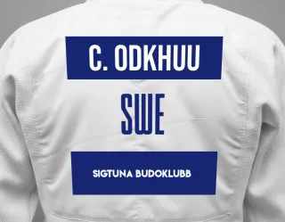 Judo GI with a backnumber showing the name Chinzorig Odkhuu from Sigtuna Budoklubb