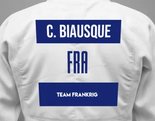 Judo GI with a backnumber showing the name Chloe Biausque from Team Frankrig