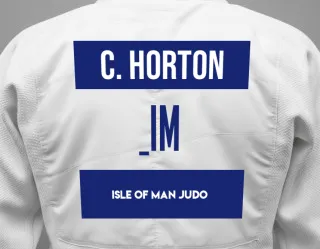 Judo GI with a backnumber showing the name Chris Horton from Isle of Man Judo