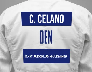 Judo GI with a backnumber showing the name Christian Clæsøe Celano from Ikast Judoklub, Guldminen
