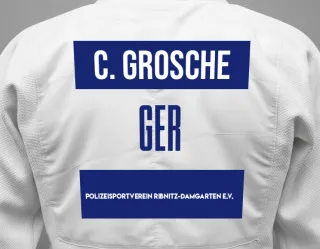 Judo GI with a backnumber showing the name Christian Grosche from Polizeisportverein Ribnitz-Damgarten e.V.