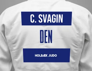 Judo GI with a backnumber showing the name Christoffer Svagin from Holbæk Judo
