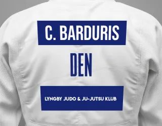 Judo GI with a backnumber showing the name Christos Barduris from Lyngby Judo & Ju-Jutsu Klub
