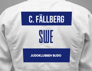 Judo GI with a backnumber showing the name Clara Fällberg from Judoklubben Budo