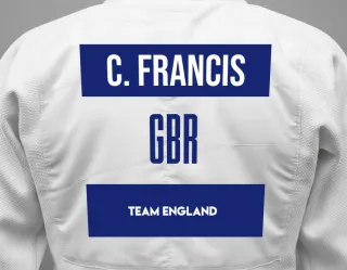 Judo GI with a backnumber showing the name Colin Francis from Team England