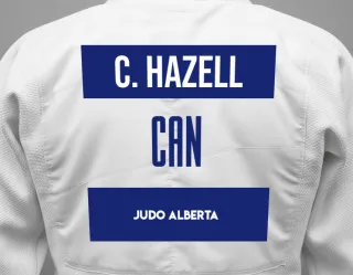 Judo GI with a backnumber showing the name Connor Douglas Hazell from Judo Alberta