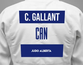 Judo GI with a backnumber showing the name Connor Russell Gallant from Judo Alberta