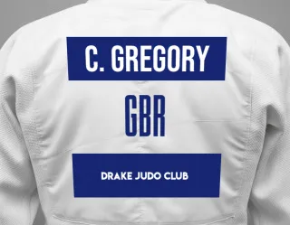 Judo GI with a backnumber showing the name Cordelia Anne Gregory from Drake Judo Club