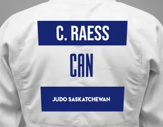 Judo GI with a backnumber showing the name Corsin Raess from Judo Saskatchewan