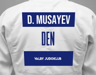 Judo GI with a backnumber showing the name Dæniz Musayev from Valby Judoklub