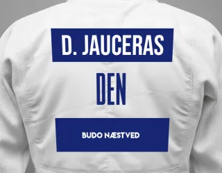 Judo GI with a backnumber showing the name Danas Jauceras from Budo Næstved