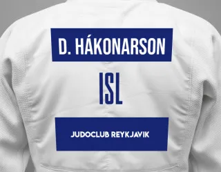 Judo GI with a backnumber showing the name Daníel Hákonarson from Judoclub Reykjavik