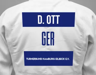 Judo GI with a backnumber showing the name Daniel Ott from Turnerbund Hamburg Eilbeck e.V.