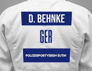 Judo GI with a backnumber showing the name Daniela Behnke from Polizeisportverein Eutin