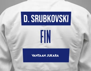 Judo GI with a backnumber showing the name Danil Srubkovski from Vantaan Jukara