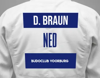 Judo GI with a backnumber showing the name Danique Braun from Budoclub Voorburg