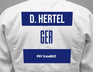 Judo GI with a backnumber showing the name Darien Hertel from PSV Kamenz