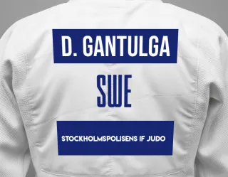 Judo GI with a backnumber showing the name Dashdroj Gantulga from Stockholmspolisens IF Judo