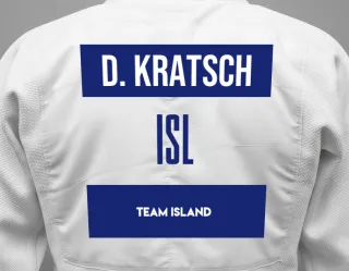 Judo GI with a backnumber showing the name Davíð Kratsch from Team Island