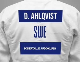 Judo GI with a backnumber showing the name David Ahlqvist from Södertälje Judoklubb