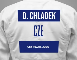 Judo GI with a backnumber showing the name David Chladek from USK Praha Judo