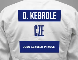 Judo GI with a backnumber showing the name David Kebrdle from Judo Academy Prague