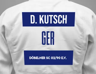 Judo GI with a backnumber showing the name David Kutsch from Döbelner SC 02/90 e.V.