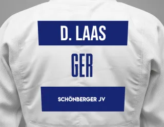 Judo GI with a backnumber showing the name David Laas from Schönberger JV