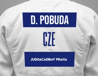 Judo GI with a backnumber showing the name David POBUDA from JUDOACADEMY PRAHA