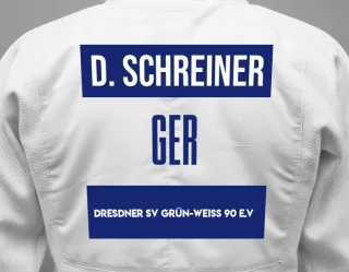Judo GI with a backnumber showing the name David Schreiner from Dresdner SV Grün-Weiß 90 e.V