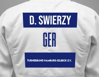 Judo GI with a backnumber showing the name David Swierzy from Turnerbund Hamburg Eilbeck e.V.