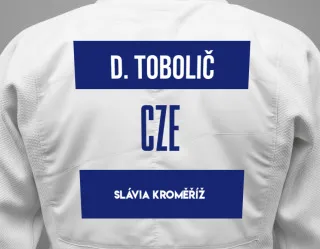 Judo GI with a backnumber showing the name David Tobolič from Slávia Kroměříž