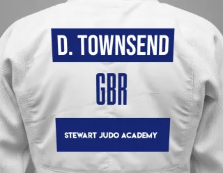 Judo GI with a backnumber showing the name David Townsend from Stewart Judo Academy