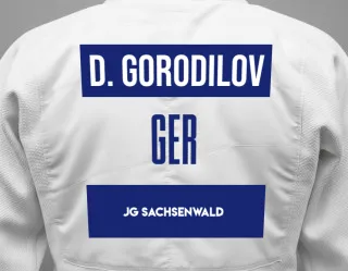 Judo GI with a backnumber showing the name Davin Gorodilov from JG Sachsenwald