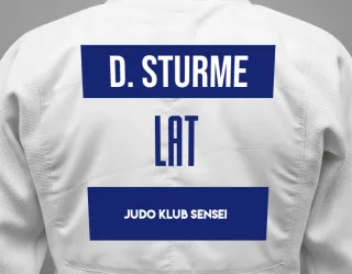 Judo GI with a backnumber showing the name Dementijs Sturme from Judo Klub Sensei
