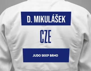 Judo GI with a backnumber showing the name Denis Mikulášek from Judo Skkp Brno