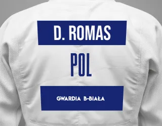 Judo GI with a backnumber showing the name Denis Romas from Gwardia  B-Biała