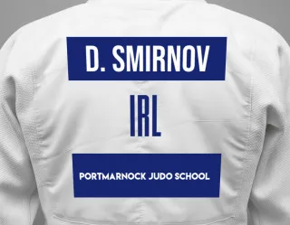 Judo GI with a backnumber showing the name Denis Smirnov from Portmarnock Judo School